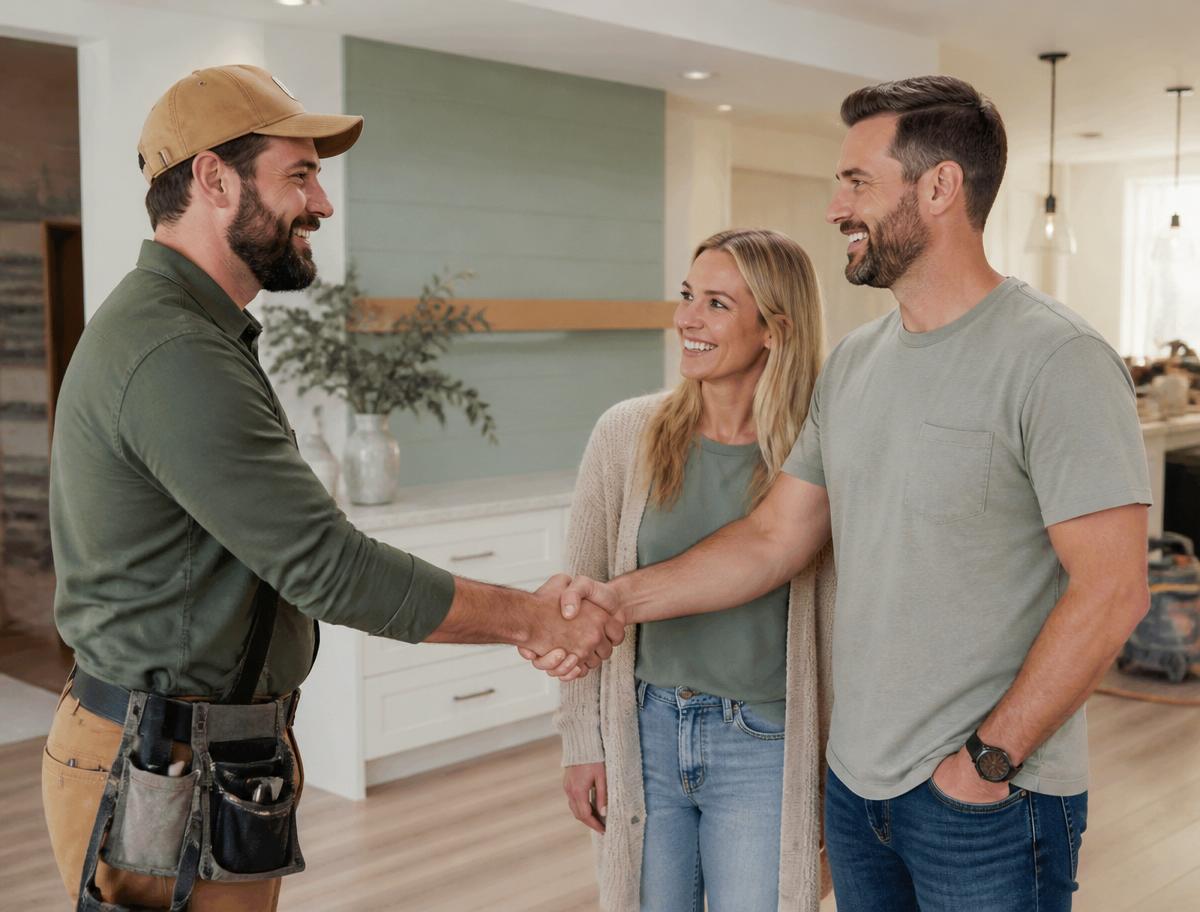 Entrepreneur PBG Construction serrant la main de propriétaires heureux dans une rénovation